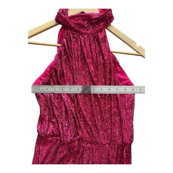 Saylor Shana Cocktail Sequin Dress Pink Halter Sheath Midi Hi Lo Medium M - Picture 8 of 13